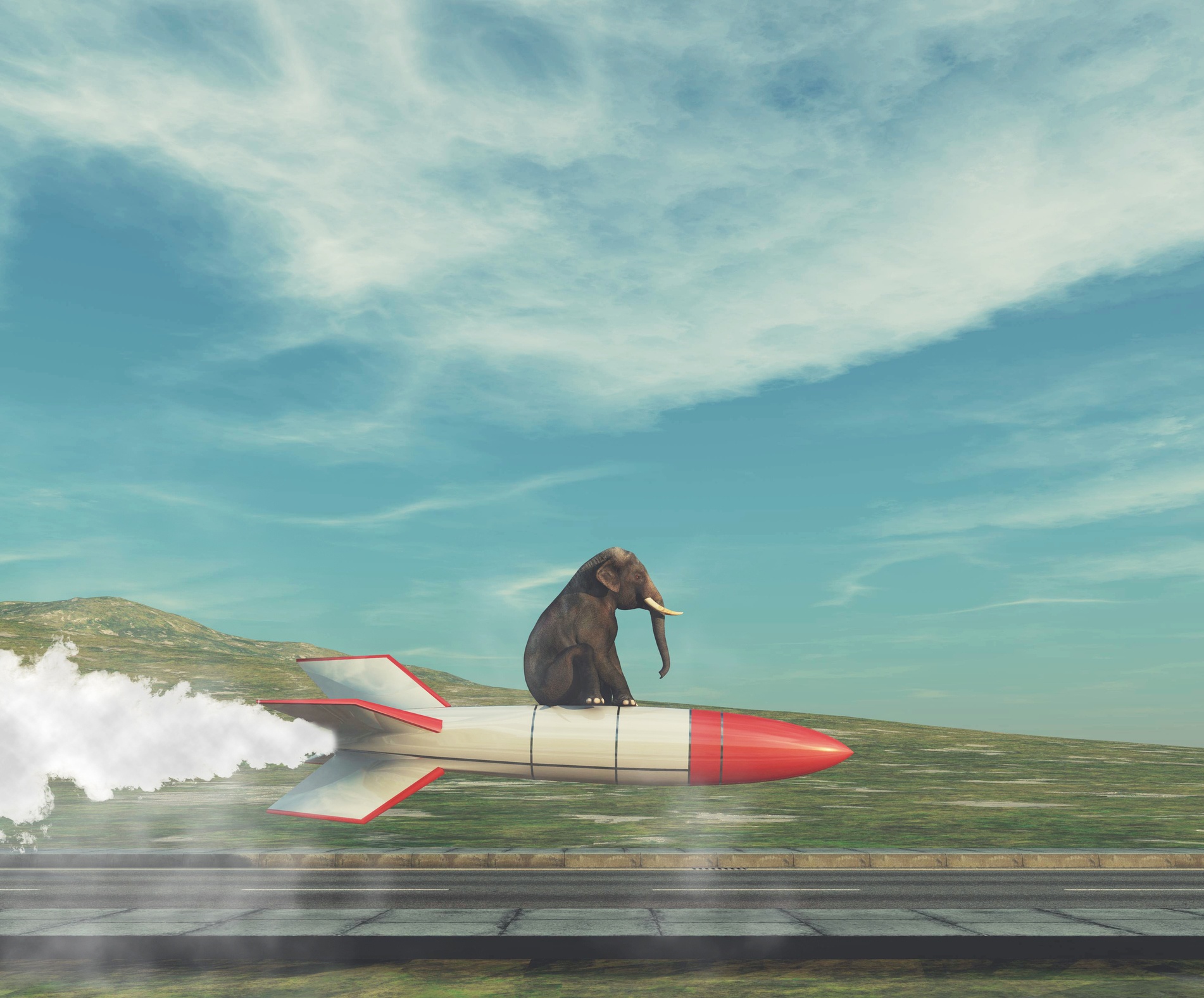 Elephant flying with rocket missle on highway . Start up concept . This is a 3d render illustration .