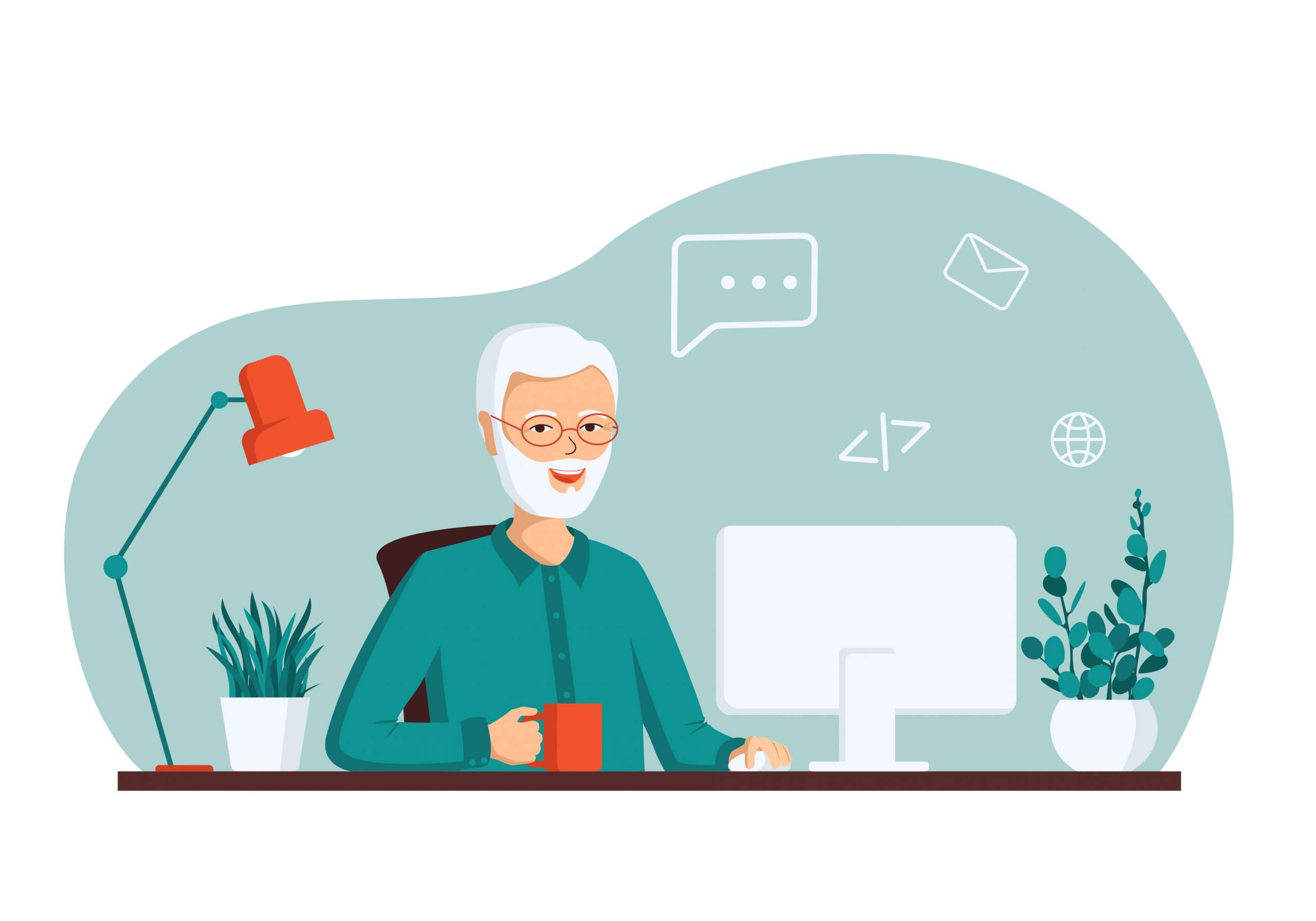 An elderly gray-haired smiling man sits at a computer. The concept of remote work from home, distance learning, programming, freelance. Vector illustration