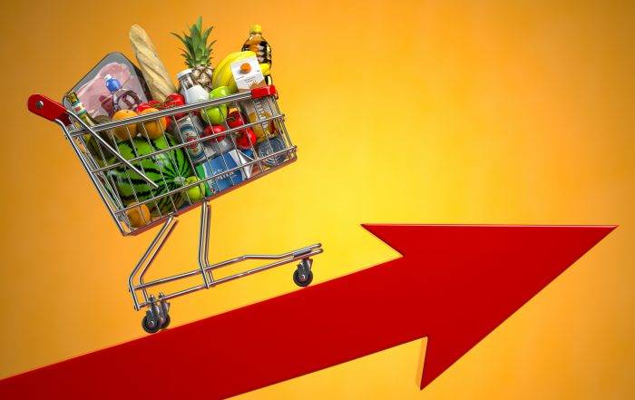 Inflation, growth of food sales, growth of market basket or consumer price index concept. Shopping basket with foods on arrow.